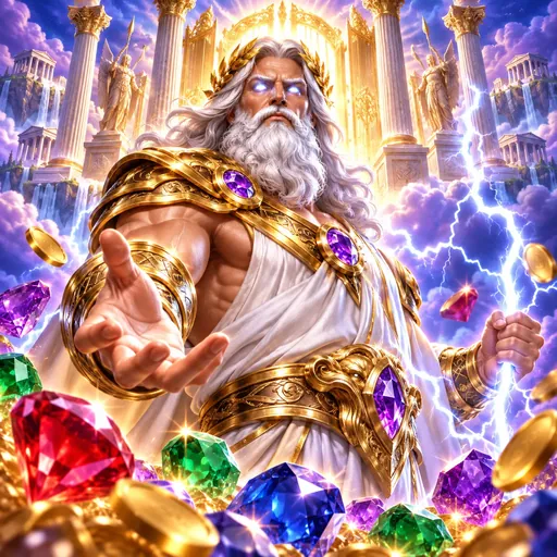Gates of Olympus cover art with Greek gods and glowing gems