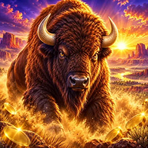 Buffalo Rising Megaways cover art featuring a charging buffalo