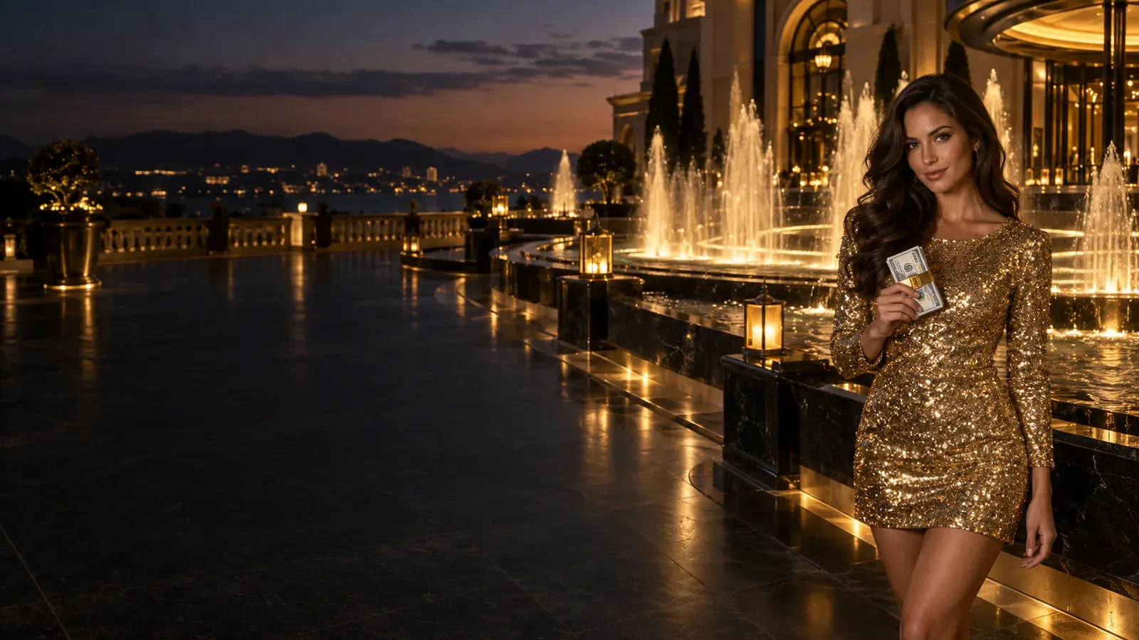 Woman in a gold dress holding a clipped stack of banknotes near a casino plaza fountain