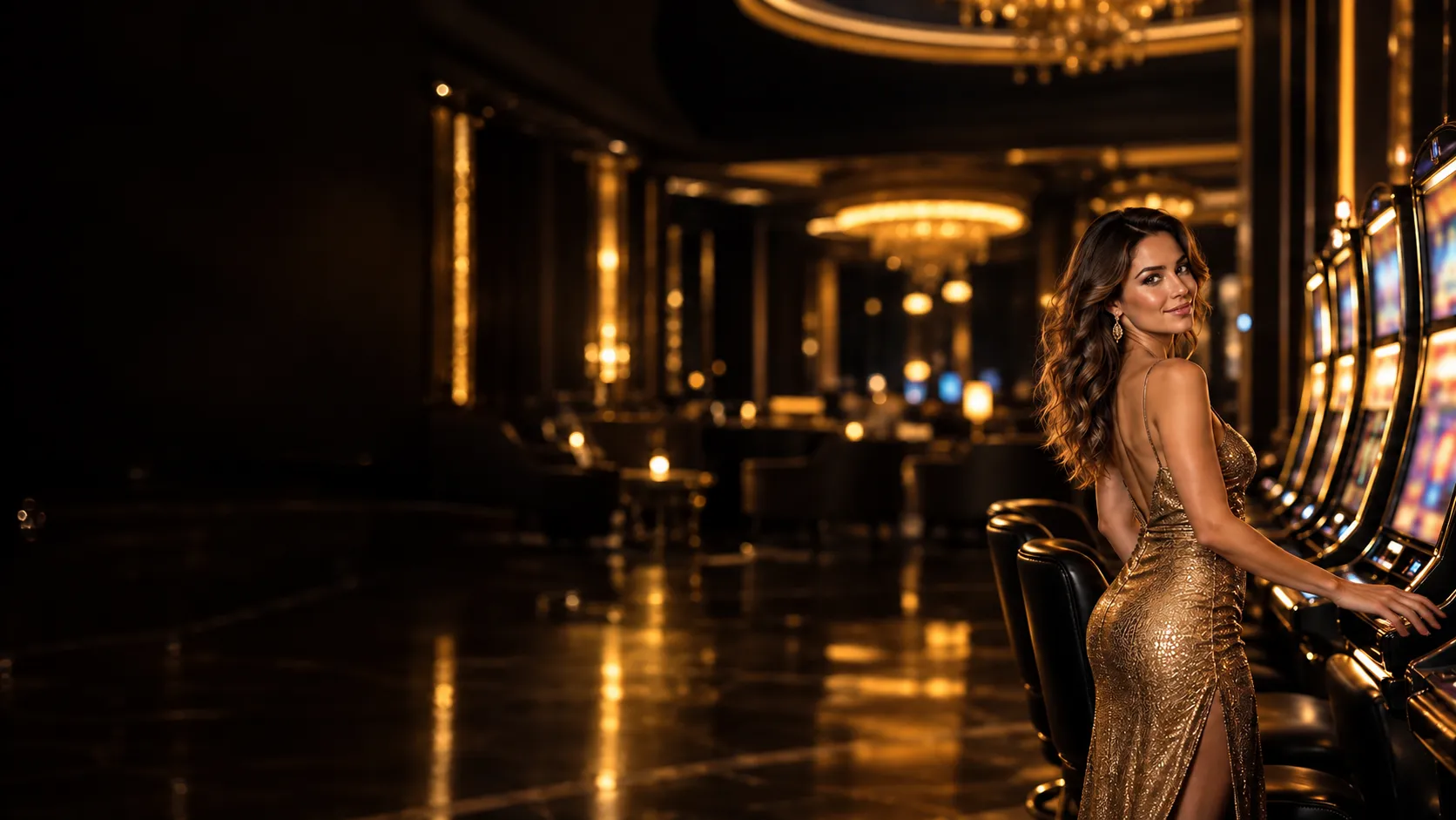 Glamorous woman in a gold evening dress beside softly glowing slot machines on a luxury casino floor for the Here2Win Casino pokies guide