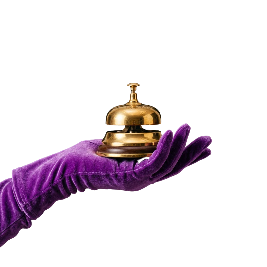 Velvet-gloved hand ringing a gold service bell