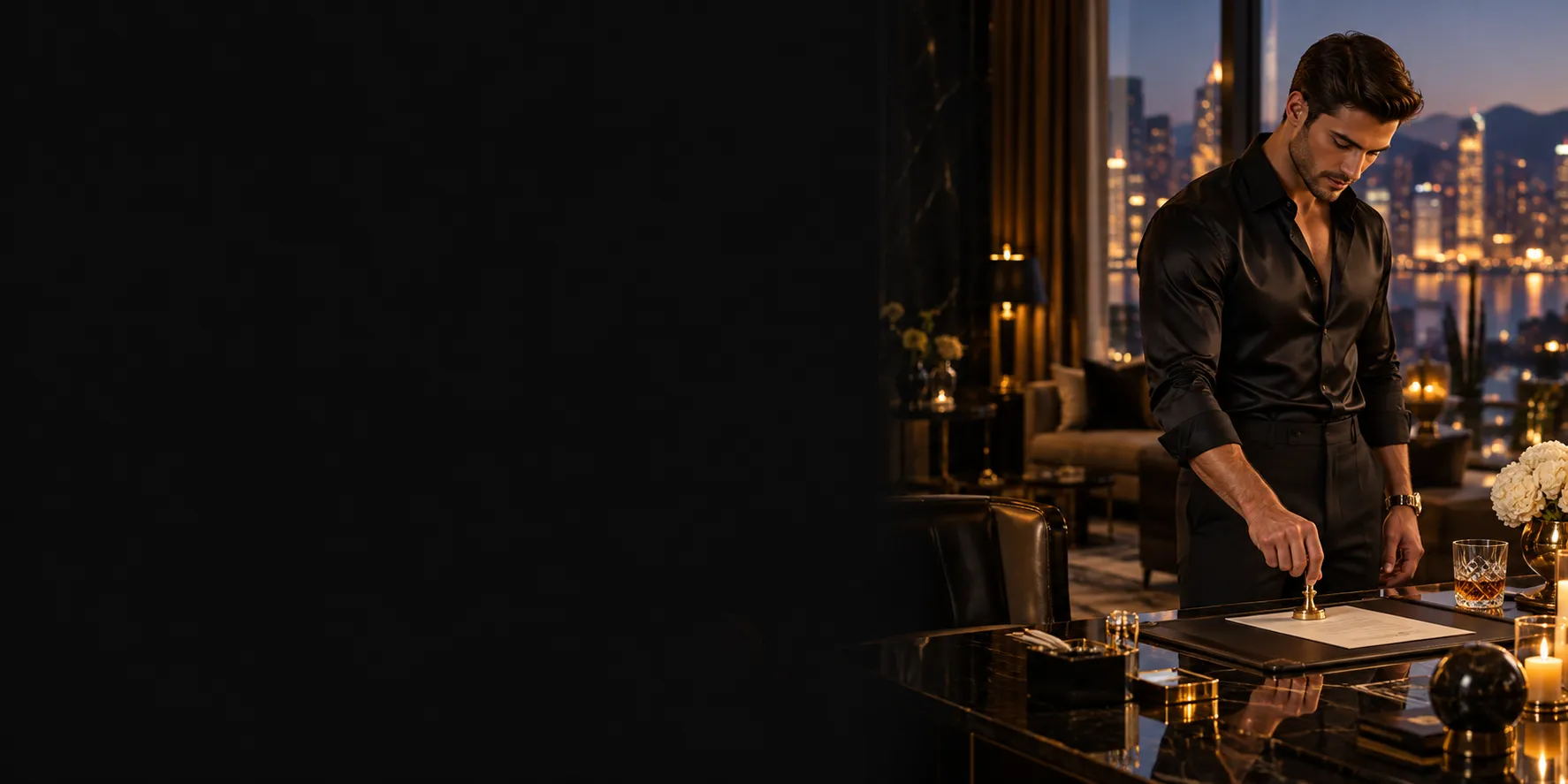 Man pressing a brass desk stamp in a hotel suite with city views