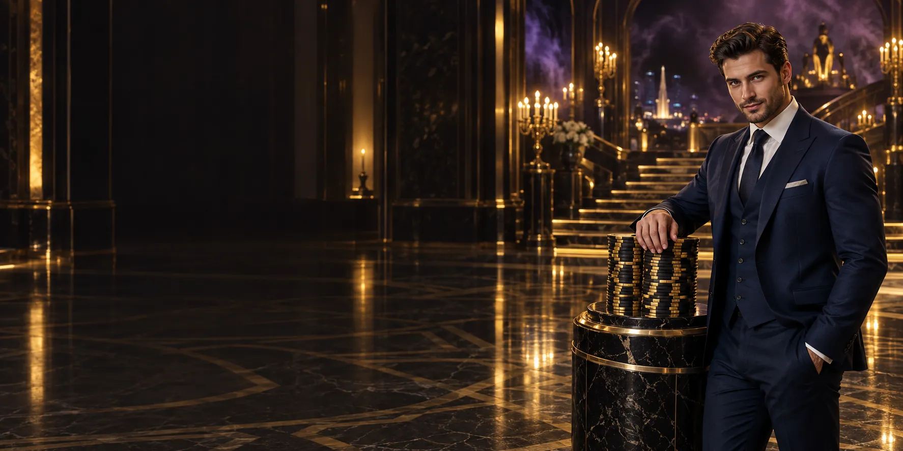 Man in a tailored suit beside a tall stack of casino chips in a gold marble foyer