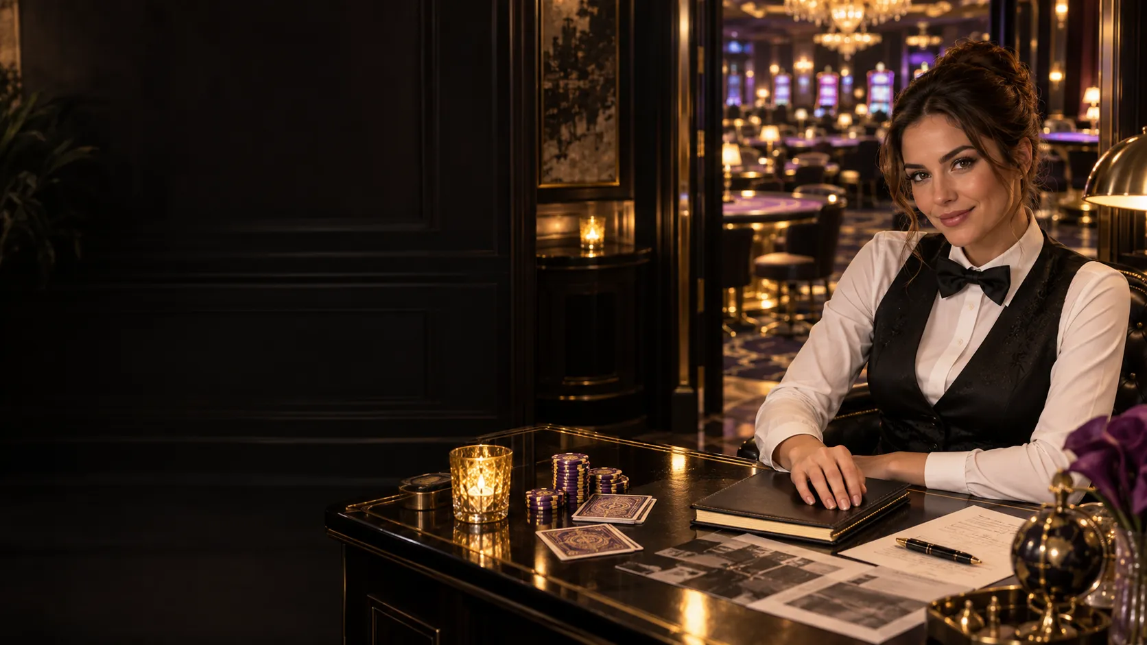Woman at a writer's desk overlooking a casino floor in a private club bar