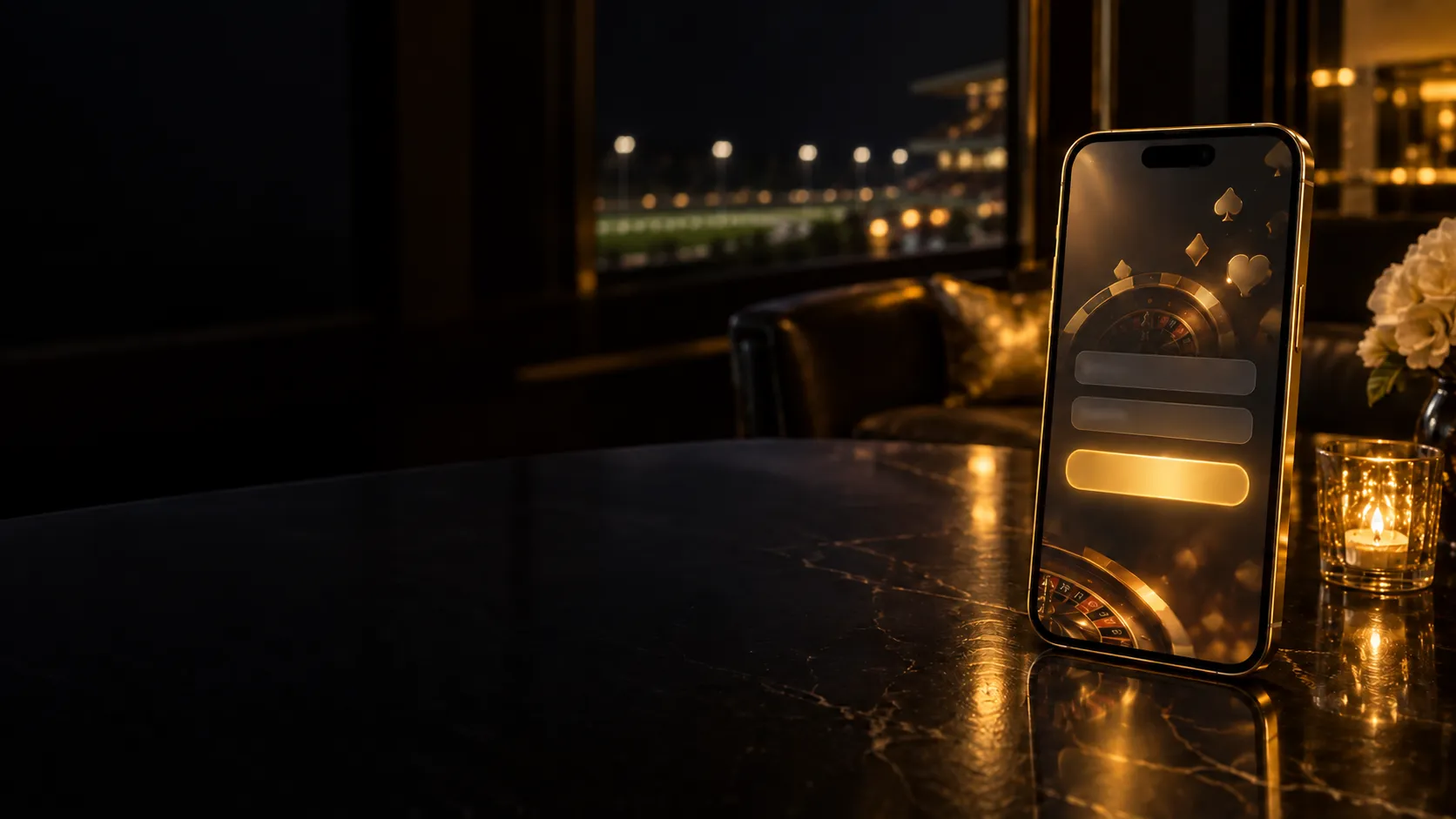 Smartphone with a glowing casino sign-in screen resting on a table in a racecourse VIP box
