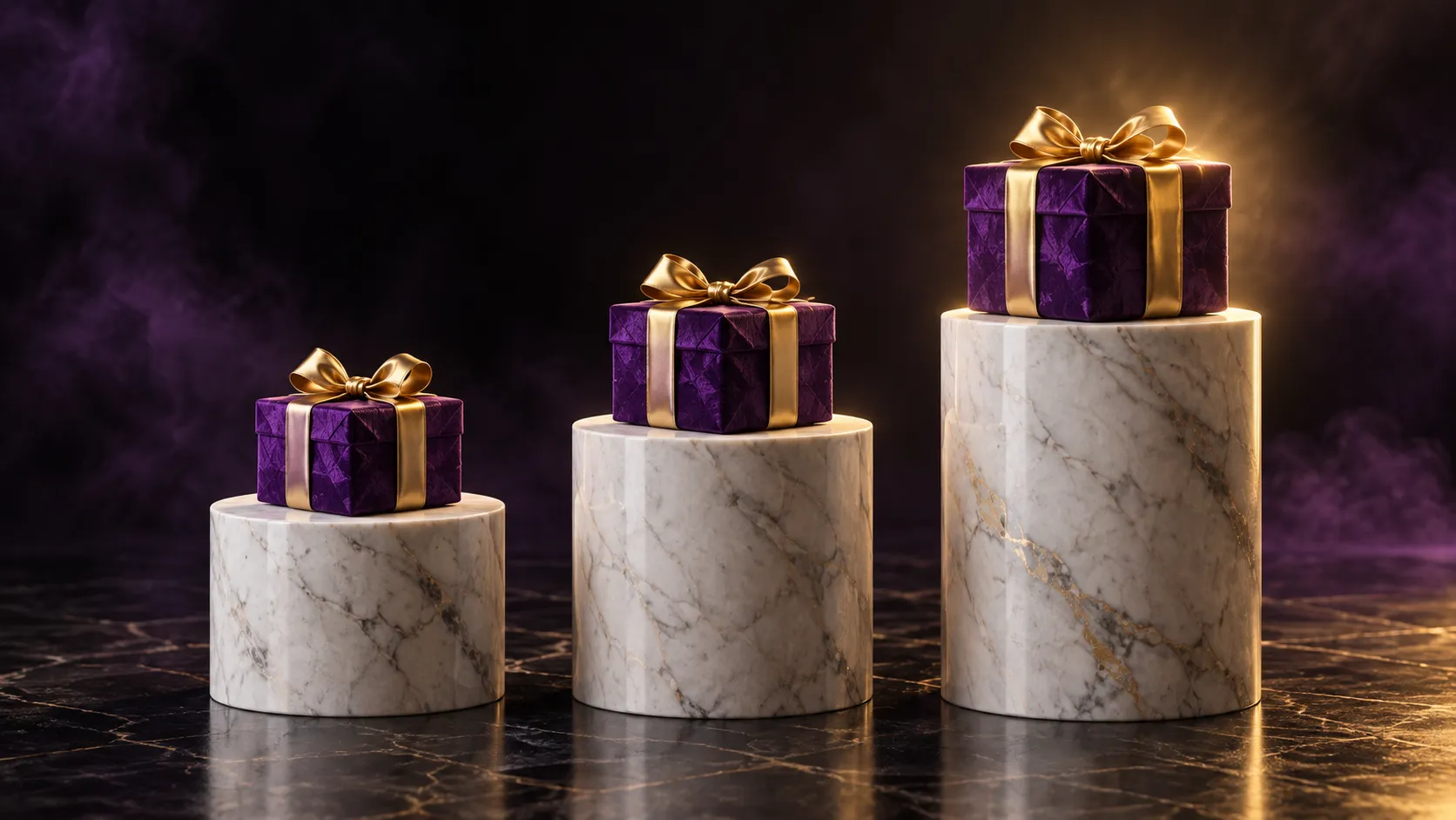 Three raised pedestal steps representing the four-deposit Here2Win Casino welcome package