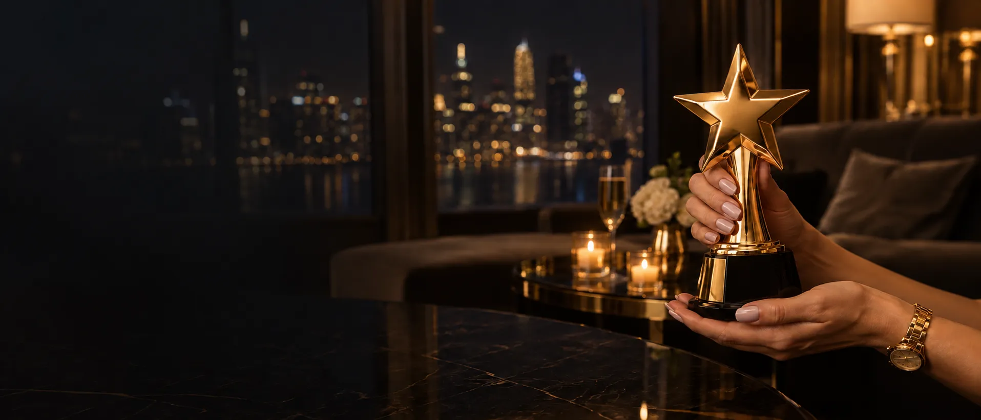 Elegant hands holding a gold star trophy against a night skyline, framing this Here2Win Casino review