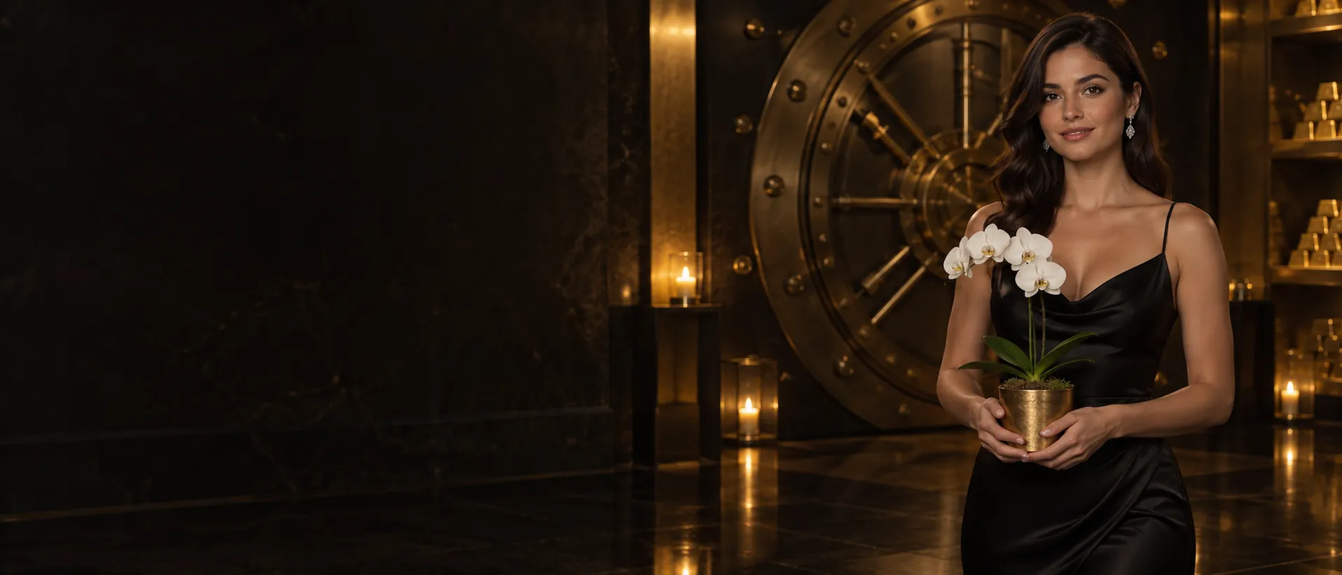 Woman calmly holding a potted white orchid inside a private gold vault