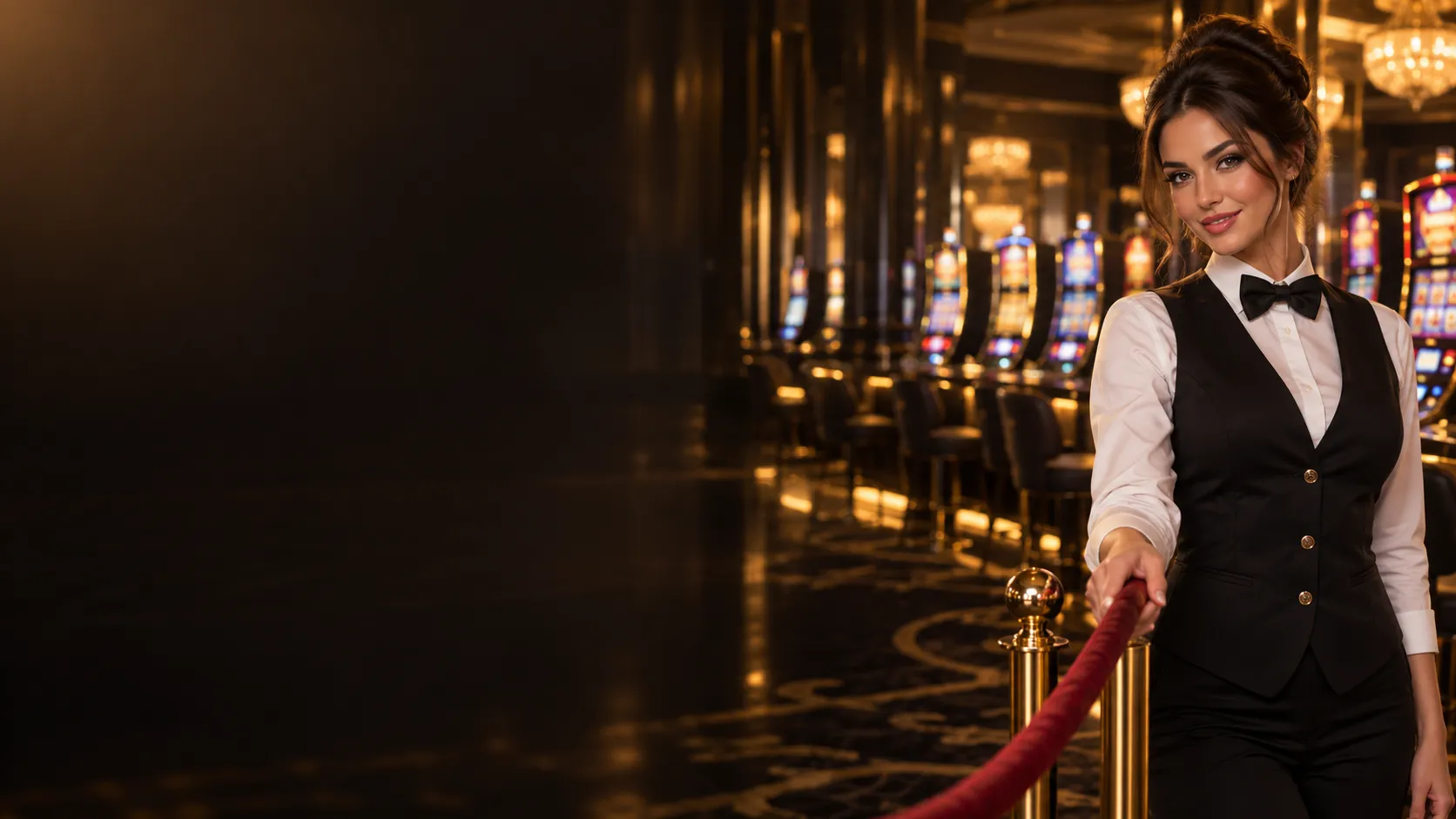 Croupier holding a velvet rope open on a glowing Here2Win Casino slot floor